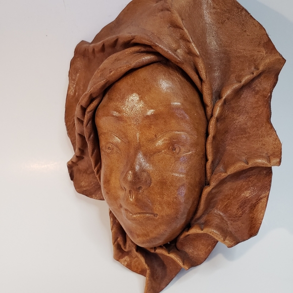 Vintage Leather Womens Face Mask Art Sculpture Wall Hanging - Picture 3 of 9